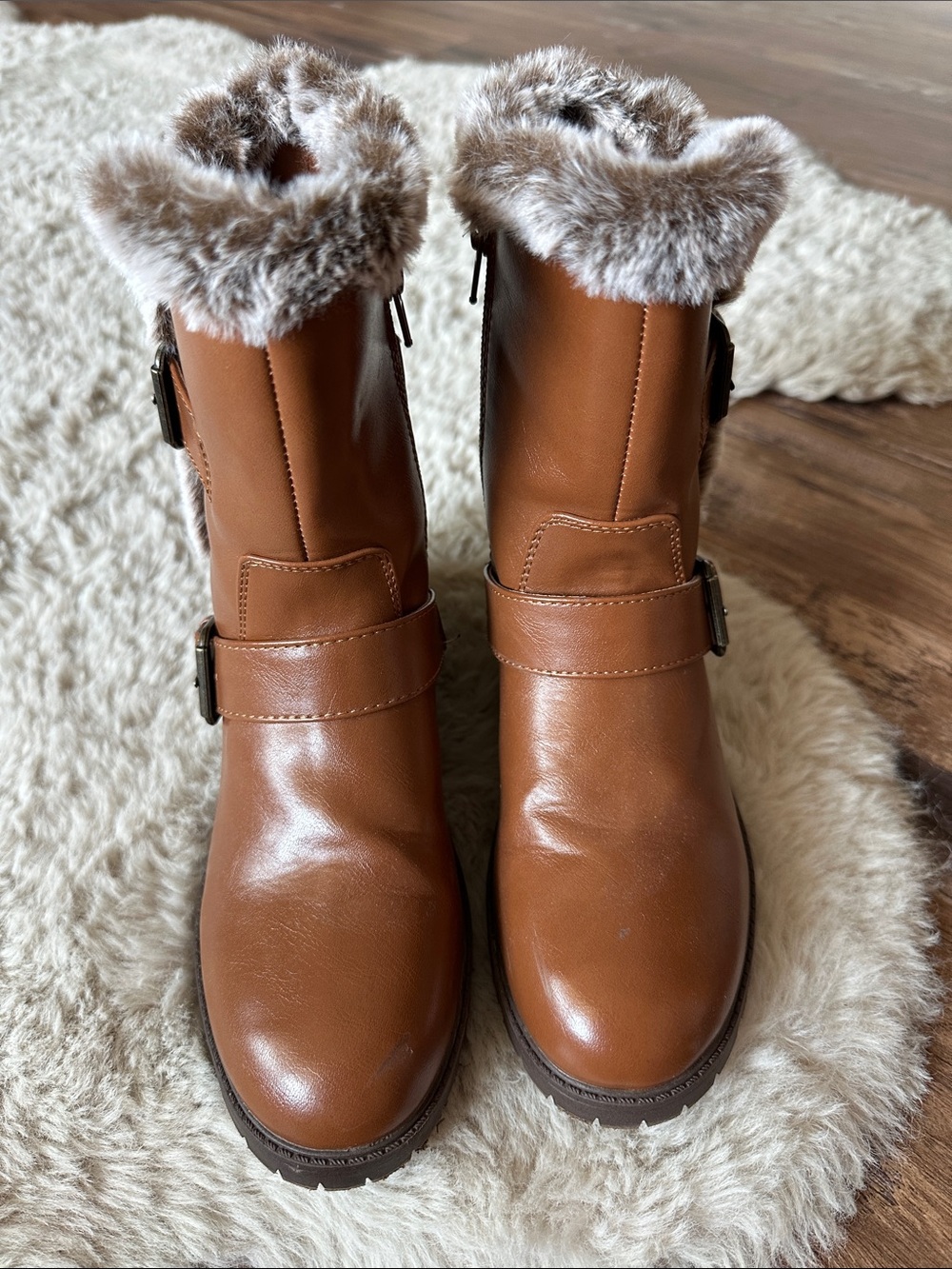 Madden Girl Brown Faux-Fur Trim Buckle Kids Boots - Picture 2 of 4
